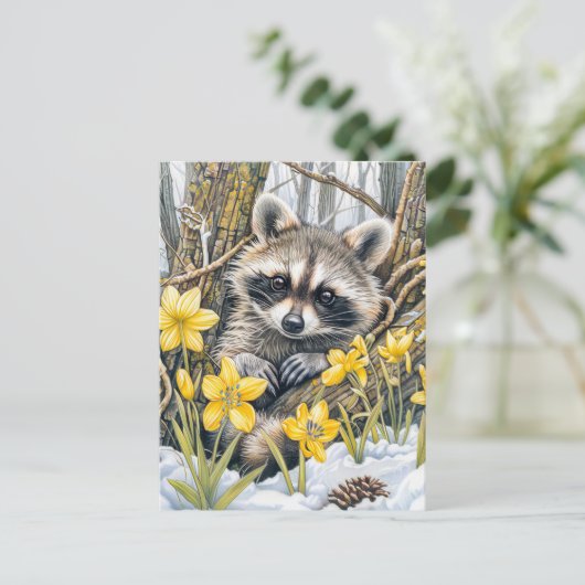 Carte Postale Petit Raton laveur parmi les chênes printaniers (Debout devant)