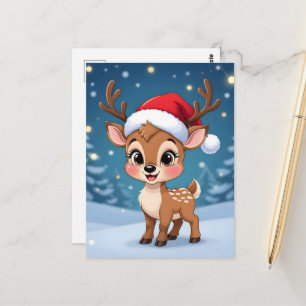 Carte Postale Petit renne mignon avec un chapeau de Noël