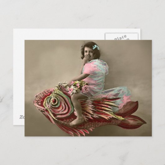 Carte Postale Petite fille à cheval sur un poisson (Devant / Derrière)