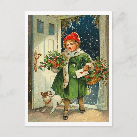 Carte Postale Petite fille à la veille de Noël avec son chien (Devant)