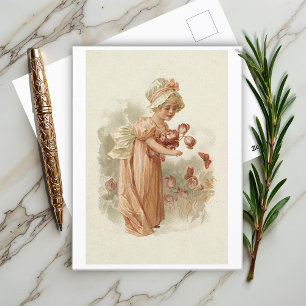 Carte Postale Petite fille aux fleurs roses et papillons