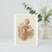 Carte Postale Petite fille aux fleurs roses et papillons (Debout devant)