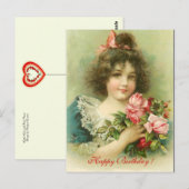 Carte Postale Petite fille aux roses roses roses Anniversaire (Devant / Derrière)