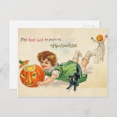 Carte Postale Petite fille avec citrouille sculpté et chat noir (Devant / Derrière)