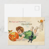 Carte Postale Petite fille avec citrouille sculptée et chat noir (Devant / Derrière)