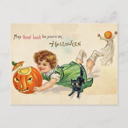 Carte Postale Petite fille avec citrouille sculptée et chat noir (Devant)