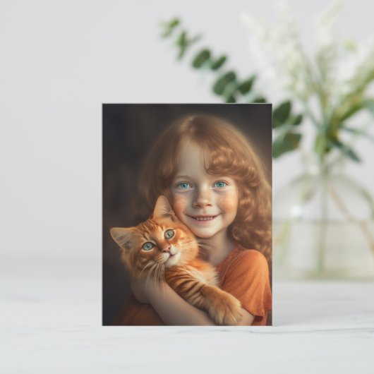 CARTE POSTALE PETITE FILLE & CHAT ROUX (Debout devant)