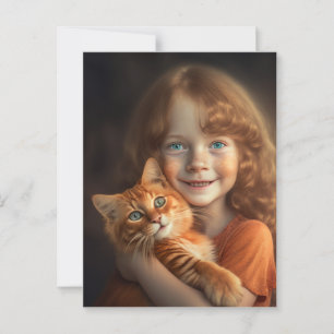 CARTE POSTALE PETITE FILLE & CHAT ROUX 