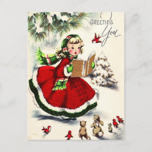 Carte Postale Petite fille de Noël rétro chantant avec des lapin