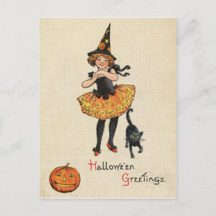 Carte Postale Petite fille en costume d'Halloween sorcière, chat