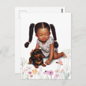 Carte Postale Petite fille en peau Brown avec chiot (Devant / Derrière)