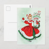 Carte Postale Petite fille en robe rouge avec cadeaux de Noël (Devant / Derrière)