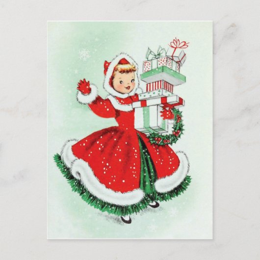 Carte Postale Petite fille en robe rouge avec cadeaux de Noël (Devant)