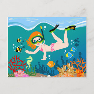 Carte Postale Petite fille en snorkeling sous la mer