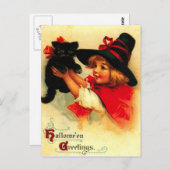 Carte Postale Petite Fille Et Son Chat Noir (Devant / Derrière)