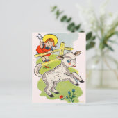 Carte Postale petite fille mignonne avec petit agneau mignon (Debout devant)