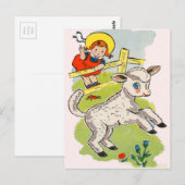 Carte Postale petite fille mignonne avec petit agneau mignon (Devant / Derrière)