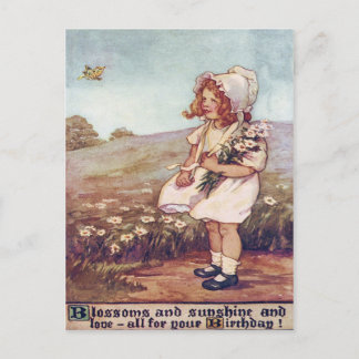 Carte Postale Petite fille mignonne Daisies Champ papillon