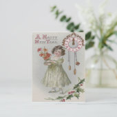 Carte Postale Petite fille mignonne Horloge Minuit Fleurs Holly (Debout devant)
