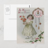 Carte Postale Petite fille mignonne Horloge Minuit Fleurs Holly (Devant / Derrière)