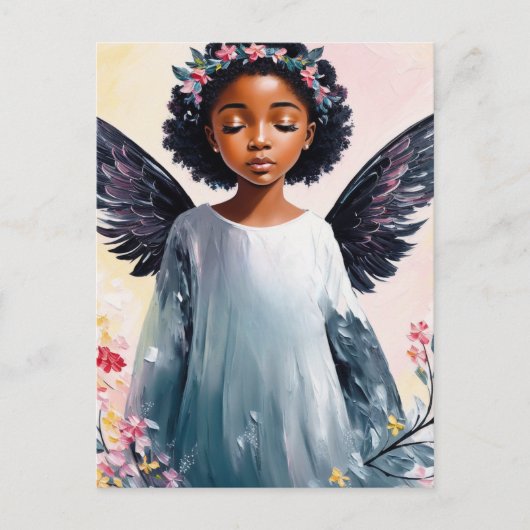 Carte Postale Petite fille noire Angel Floral Art (Devant)