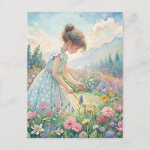 Carte Postale Petite Fille Prairie Fleurs Sauvages Montagnes Pas