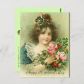 Carte Postale Petite fille Rose et Shamrock St.Patrick's Day (Devant / Derrière)