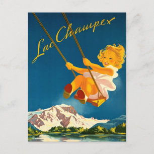 Carte Postale Petite fille se balance au-dessus du lac Champex, 