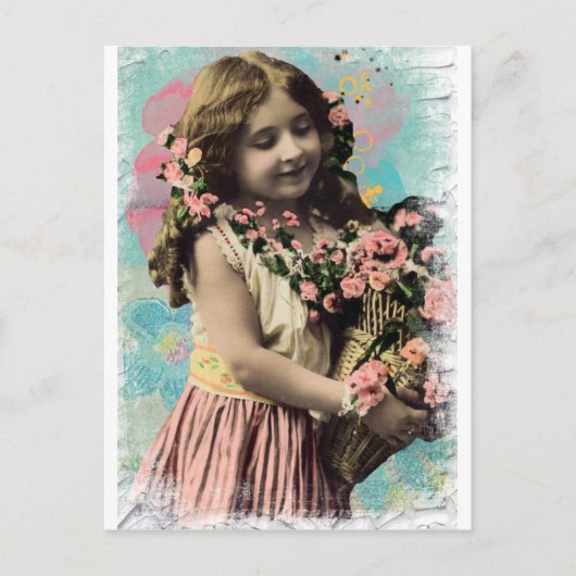 Carte Postale Petite fille vintage et fleurs (Devant)