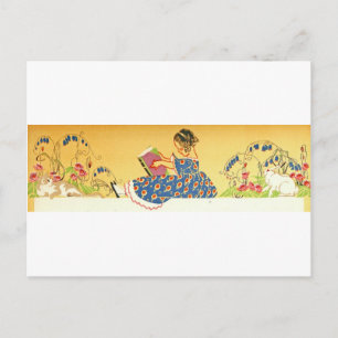 Carte Postale Petite Fille Vintage Lisant avec des Lapins