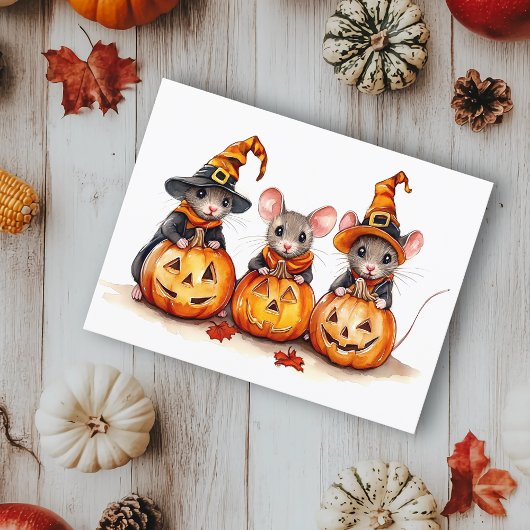 Carte Postale Petite petite aquarelle Mice Halloween Citrouilles