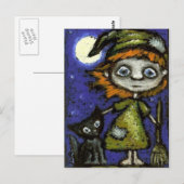 Carte Postale Petite sorcière avec chat noir (Devant / Derrière)