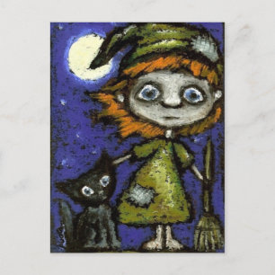 Carte Postale Petite sorcière avec chat noir