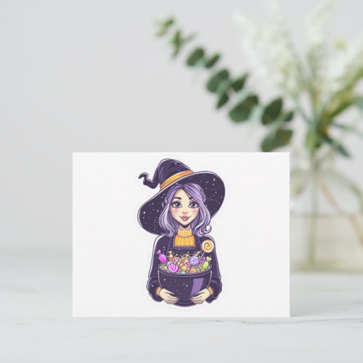 Carte Postale Petite sorcière douce avec bol à bonbons magique (Debout devant)