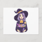 Carte Postale Petite sorcière douce avec bol à bonbons magique (Devant)