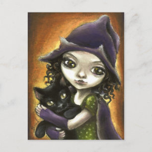 Carte Postale Petite sorcière et chaton noir