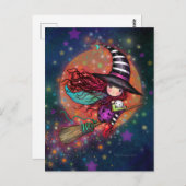 Carte Postale Petite Sorcière sur un Balai avec son Chat (Devant / Derrière)