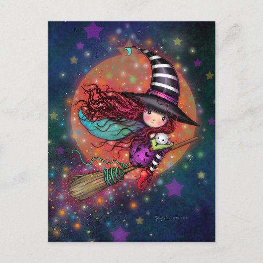 Carte Postale Petite Sorcière sur un Balai avec son Chat (Devant)