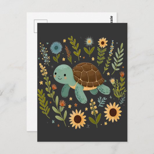 Carte Postale Petite tortue terrestre Fleur sauvage Été Graphiqu (Devant / Derrière)