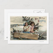 Carte Postale Petites filles tenant un présent et un arbre (Devant / Derrière)