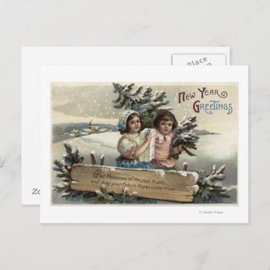 Carte Postale Petites filles tenant un présent et un arbre (Devant / Derrière)