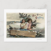 Carte Postale Petites filles tenant un présent et un arbre (Devant)