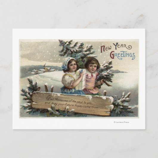 Carte Postale Petites filles tenant un présent et un arbre (Devant)