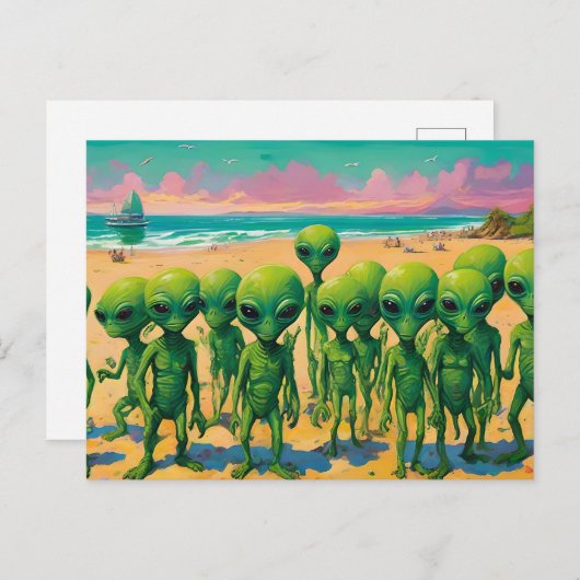 Carte Postale petits aliens verts sur une plage (Devant / Derrière)