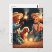 Carte Postale Petits garçons jouant avec Firework Le 4 juillet (Devant / Derrière)