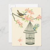 Carte Postale Petits oiseaux perchés sur une branche et sur une  (Devant / Derrière)