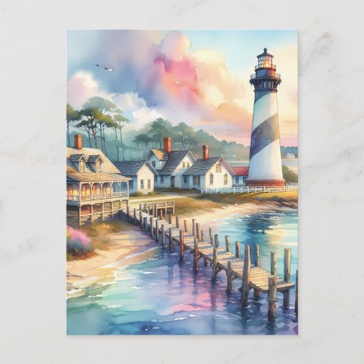 Carte Postale Phare côtier et chalets de plage Scène (Devant)