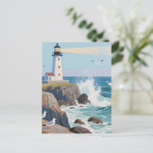 Carte Postale Phare côtier Vagues océaniques Mouettes (Debout devant)