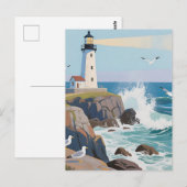 Carte Postale Phare côtier Vagues océaniques Mouettes (Devant / Derrière)