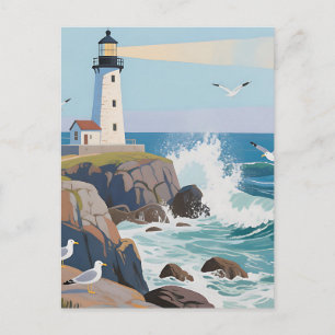Carte Postale Phare côtier Vagues océaniques Mouettes